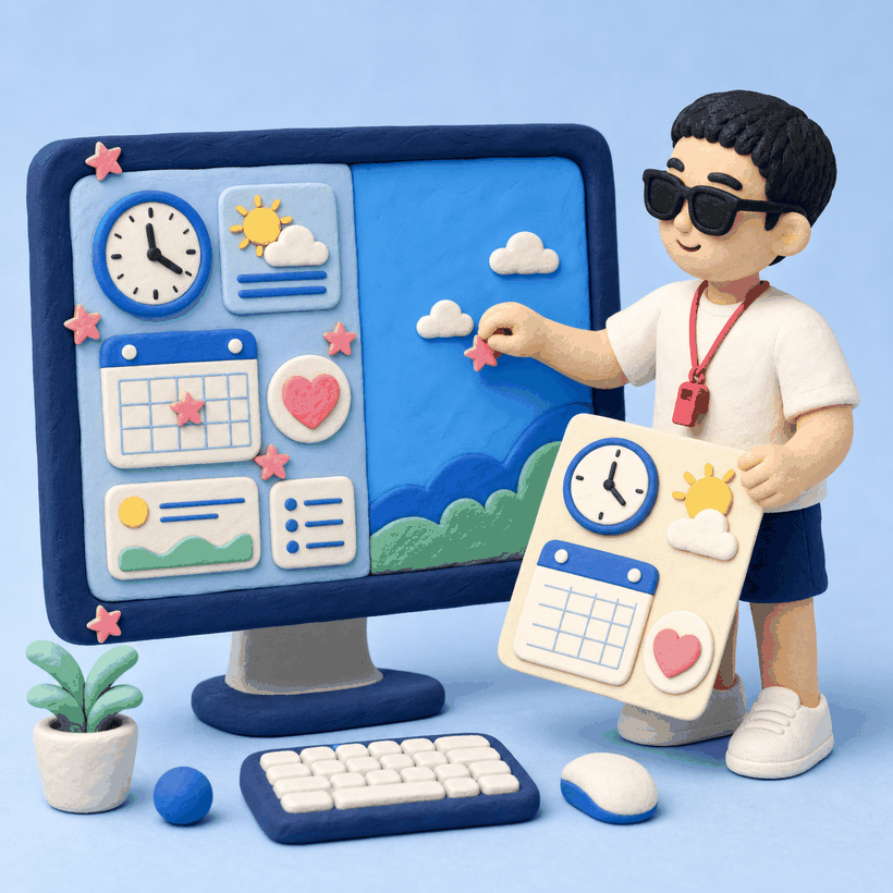 클레이 캐릭터가 위젯 스티커로 바탕화면을 꾸미는 일러스트