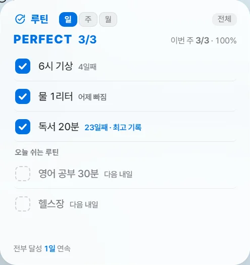 루틴 카드 — 일 보기, 오늘 다 해서 PERFECT(가상 자료)