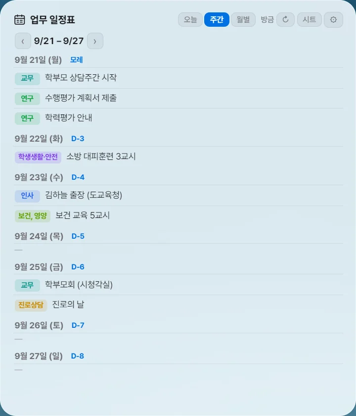 업무 일정표 카드 — 주간 보기(가상 자료)